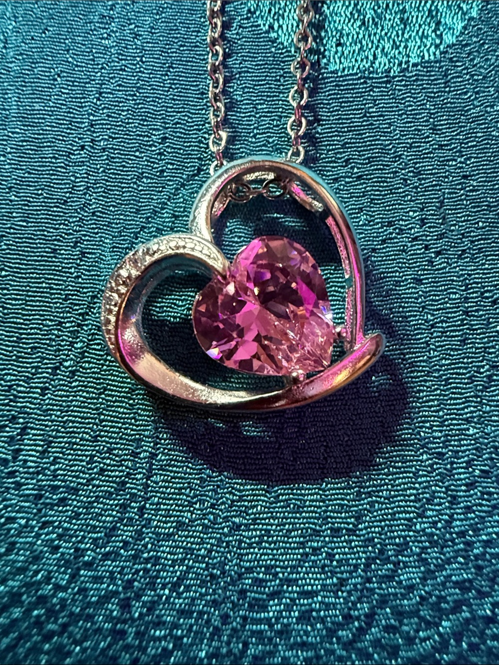 Silver Heart Pendant Necklace with Pink Heart Gem
